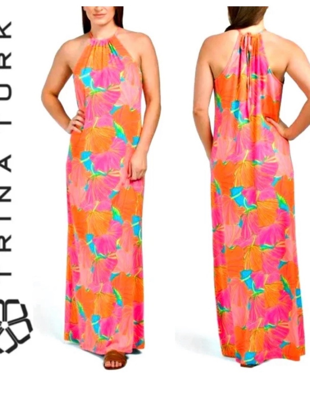 Trina Turk Pink, Orange & Turquoise Halter Maxi Dress